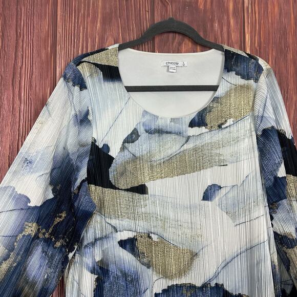 Chico's Foil Ocean Print Crinkle Top Long Sleeve Blue Gold Size 3 / US XL - Picture 2 of 6